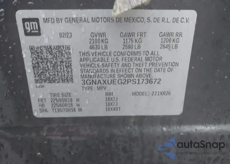 2023 Chevrolet Equinox Awd Lt z USA, uszkodzony, nr VIN 3GNAXUEG2PS173672